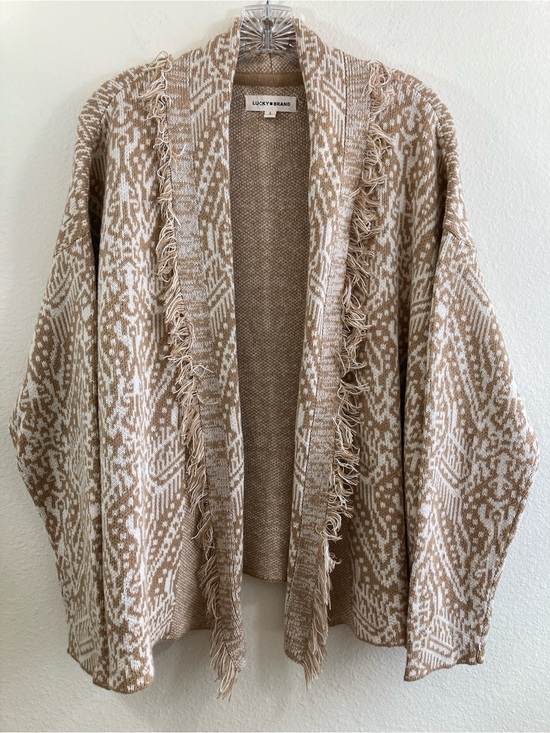 Lucky Brand Sweaters - Lucky Brand Boho Fringe Cardigan Size L Tan Cream Open Knit Sweater